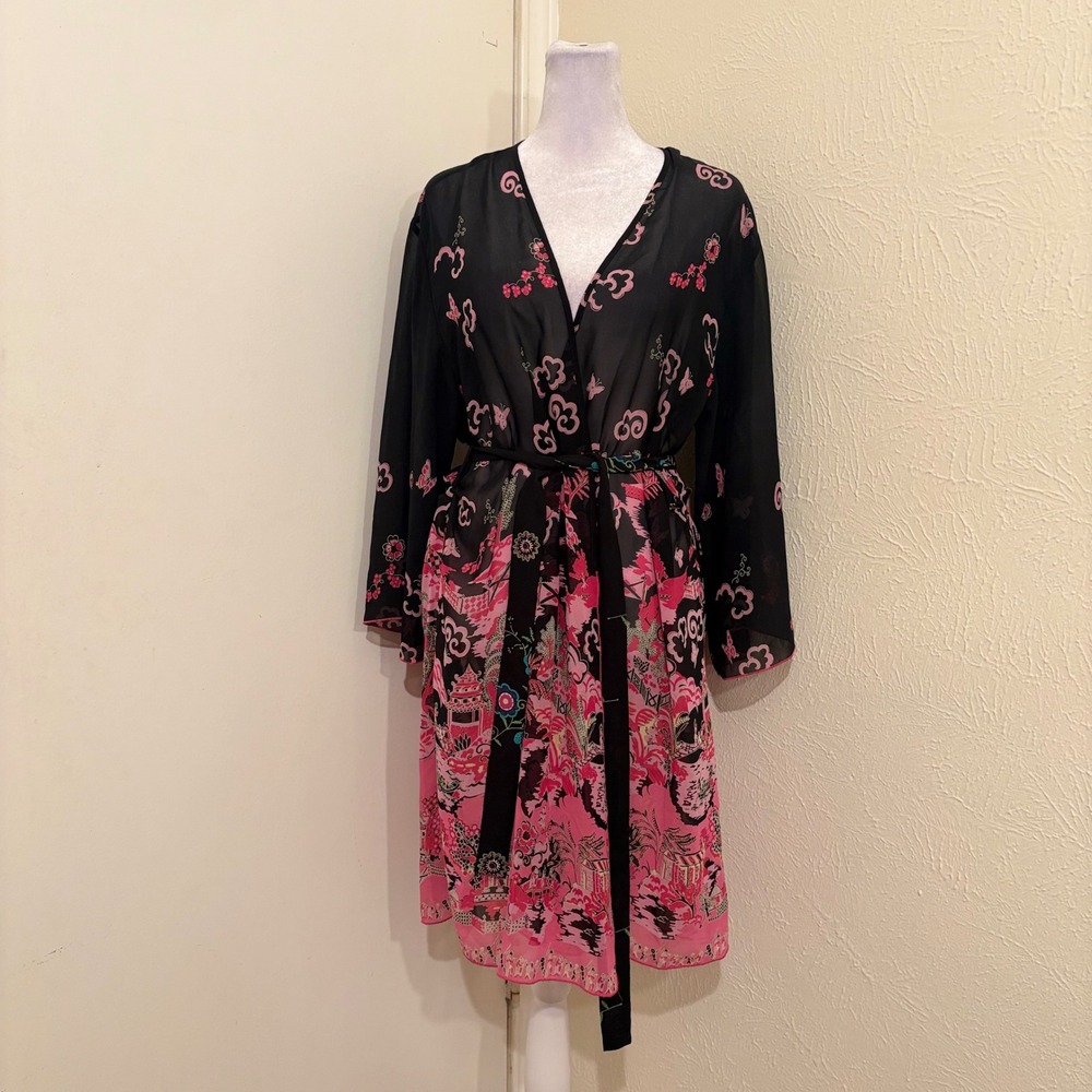 Josie Natori Y2K Pagoda Print Sheer Kimono Robe Duster Black Pink Japanese Sz M